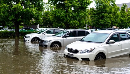災害。洪水で水没した自動車。（Disaster. Cars submerged in flood waters.）
