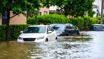 災害。洪水で水没した自動車。（Disaster. Cars submerged in flood waters.）
