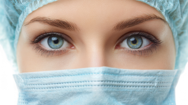 Close up of focused blue eyes of a female surgeon wearing a surgical mask and cap, embodying professionalism and dedication to patient care against a transparent background - Powered by Adobe