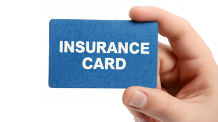 Hand holding a blue insurance card featuring white text against a transparent background, creating a versatile image ideal for various insurance related themes and concepts