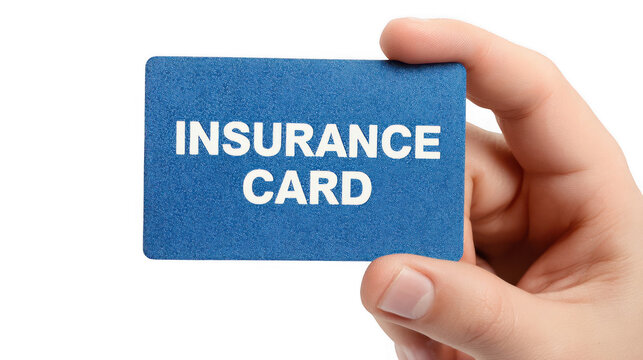 Hand holding a blue insurance card featuring white text against a transparent background, creating a versatile image ideal for various insurance related themes and concepts