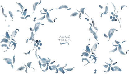 水彩画。水彩タッチのモノクロのベクターイラスト。モノクロの植物画。夏の植物フレーム。Watercolor painting. Black and white vector illustration with watercolor touch. Black and white botanical drawing. Summer plant frame.