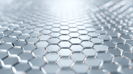 Obraz premium Close up view of shiny silver hexagonal metal mesh pattern with reflective surface creating futuristic and sleek effect