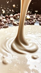 Hot white chocolate poured. Close-up of melted sweet dessert splashes for advertisement