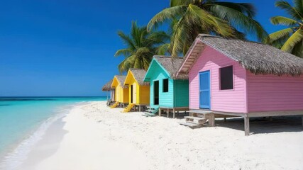 Colorful beach huts on sandy shores create tropical paradise by ocean.