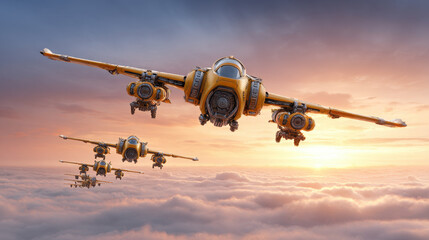 Naklejka premium Futuristic yellow aircraft flying in formation above clouds during vibrant sunset, showcasing advanced technology and dynamic motion