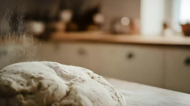 A cloud of flour falls onto fresh bread dough on a kitchen counter during the baking process
