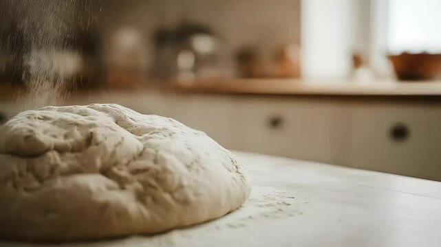 A cloud of flour falls onto fresh bread dough on a kitchen counter during the baking process