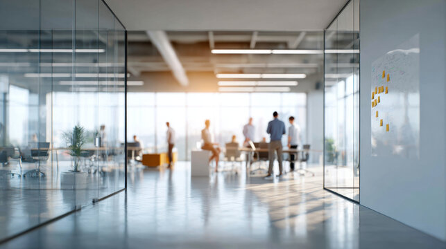 Modern office space with glass walls and sunlit open plan, blurred people collaborating in bright, spacious work environment
