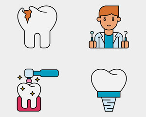 Dental icon set. Containing Broken tooth, dentist, polishing, dental implant. filled outline icon style.