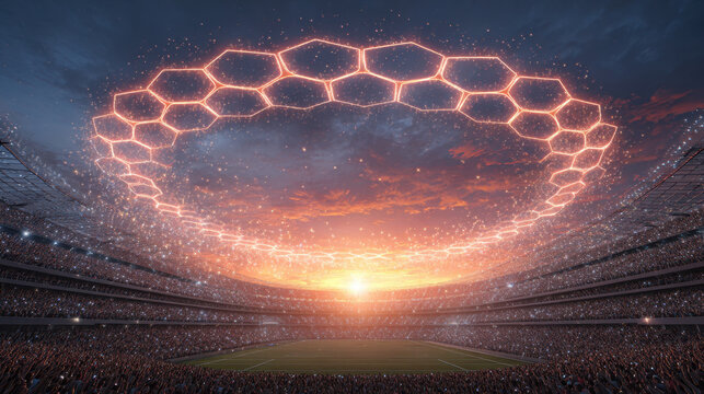 Glowing hexagonal drone swarm creates futuristic light pattern over crowded stadium at sunset, evoking excitement and wonder