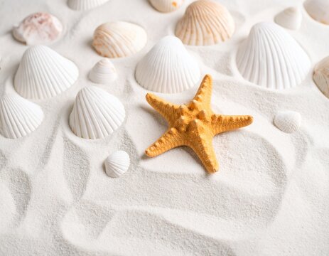 Generated image 백사장 위에 놓여진 오레진색의 불가사리와 미니멀한 흰색 조개 껍데기들 Orange starfish and minimal white seashells placed on white sand

