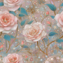 magical seamless pattern featuring pastel pink roses, shimmering blue leaves, and glowing sparkles on a dreamy twilight background. Ideal for fairytale themes, romantic stationery, luxury fabric
