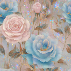 magical seamless pattern featuring pastel pink roses, shimmering blue leaves, and glowing sparkles on a dreamy twilight background. Ideal for fairytale themes, romantic stationery, luxury fabric