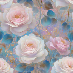 magical seamless pattern featuring pastel pink roses, shimmering blue leaves, and glowing sparkles on a dreamy twilight background. Ideal for fairytale themes, romantic stationery, luxury fabric