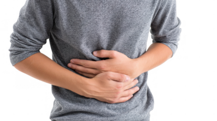 Young man holding his belly suffering from abdominal pain, digestive problem, gastritis, period cramps, appendicitis or food poisoning, isolated on transparent background