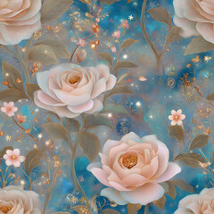 magical seamless pattern featuring pastel pink roses, shimmering blue leaves, and glowing sparkles on a dreamy twilight background. Ideal for fairytale themes, romantic stationery, luxury fabric