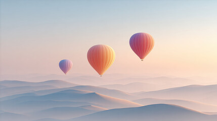Obraz premium Gentle hot air balloons drift above rolling hills at sunrise with soft pastel colors creating peaceful and dreamy atmosphere