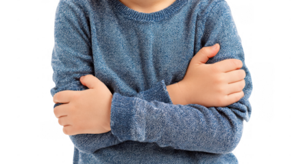 Child crossing arms, expressing disagreement and discomfort, isolated on a transparent background for seamless integration into various projects