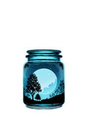 Soft blue glass jar with a dreamy design, set against a romantic moonlit background with silhouetted trees on a transparent