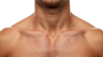 Close up of a male's neck and shoulders, emphasizing rapid breathing, isolated on a transparent background, ideal for health, fitness, or medical concepts