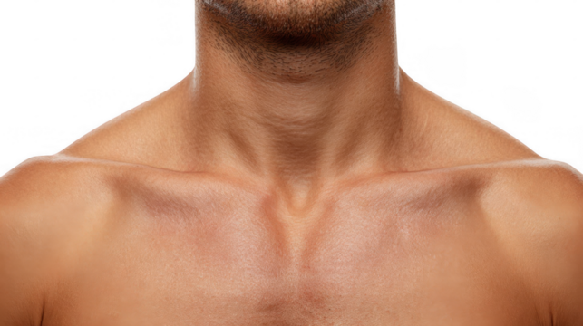 Close up of a male's neck and shoulders, emphasizing rapid breathing, isolated on a transparent background, ideal for health, fitness, or medical concepts