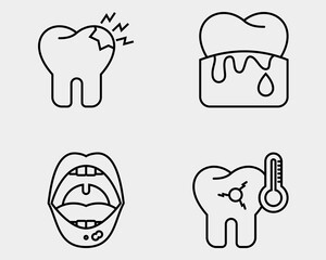 Dental icon set. Containing Toothache, bleeding gum, ulcer, sensitive teeth. Outline icon style.