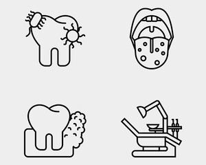 Dental icon set. Containing Tooth bacteria, tongue infection, dental cancer, dentist engine. Outline icon style.