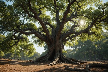Low angle view of ancient tree with wide branches reaching sky