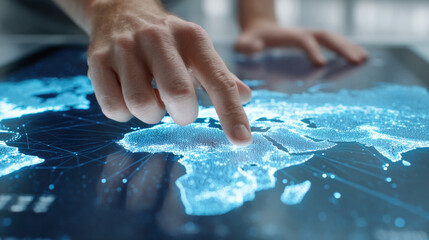 Touchscreen table with interactive digital world map showing network connections and data points, hand pointing on screen