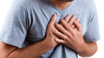 Man clutching his chest with both hands, experiencing intense chest pain, indicating a possible heart attack or panic attack, set against a transparent background