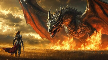 Courageous medieval knight standing fearlessly against massive mythical dragon, battling amid burning landscape during dramatic sunset confrontation, embodying epic struggle between good and evil - Powered by Adobe