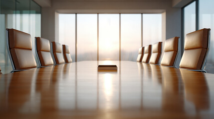Modern conference room with leather chairs and wooden table reflecting sunlight through large windows