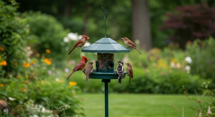 Birds gather at a backyard bird feeder, including a bright red cardinal and woodpeckers, surrounded by lush green garden foliage.