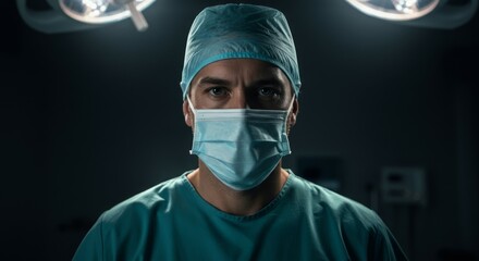 Intense close-up portrait of a male surgeon in mask and cap, standing in a dark operating room under bright lights.