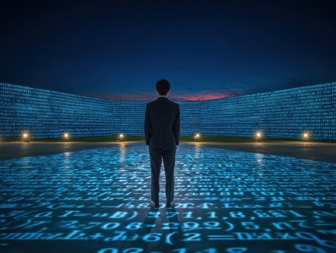 Businessman stands before a backdrop of projected digital code at twilight