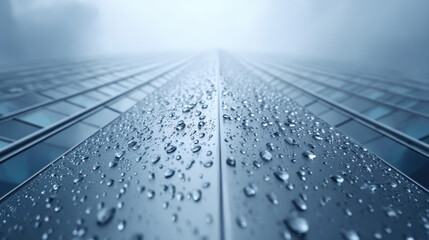 Rain droplets on reflective glass facade of modern skyscraper create moody and atmospheric urban scene with cool blue tone