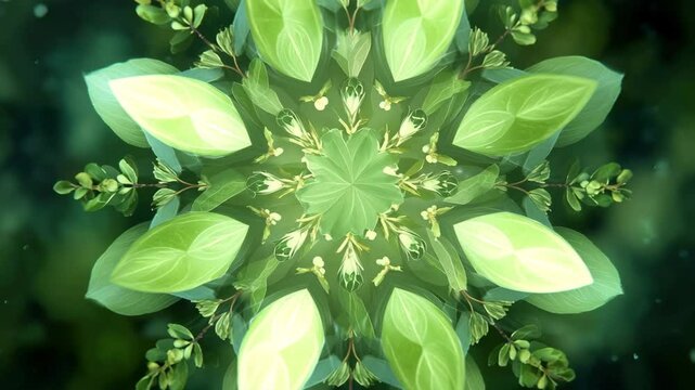Fresh green leaf mandala with glowing soft light and nature symmetry in a calm loop. Ideal for eco visuals, wellness projects, and botanical meditation content.

