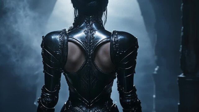 Back view of a female warrior wearing dark fantasy armor with intricate details, standing amidst a smoky atmosphere in a gothic castle setting
