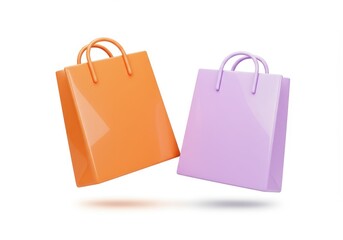 Two colorful shopping bags, one orange and one purple, are isolated on white background