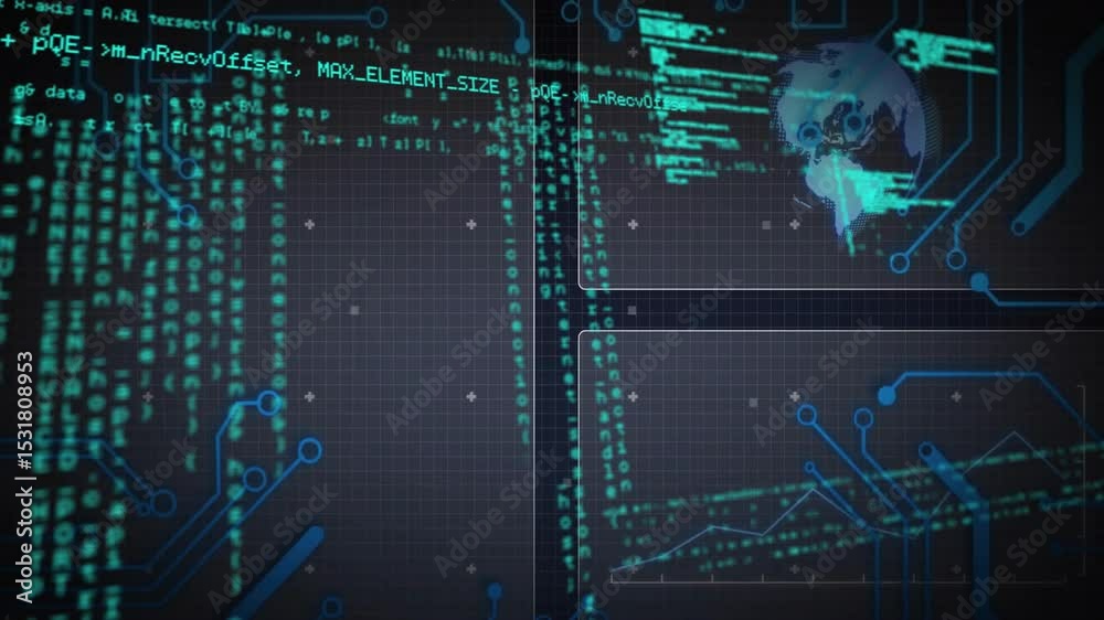 Poster at start, digital interface streaming code, merging panels and tracing globe to visualize data flow