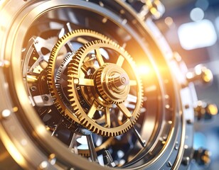 Golden gears in intricate clockwork mechanism