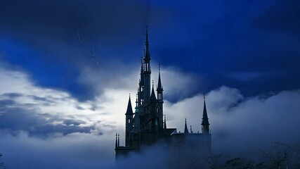 A dramatic lightning storm illuminates a towering castle amidst dark, swirling clouds at night - Powered by Adobe