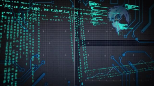 At start, digital interface streaming code, merging panels and tracing globe to visualize data flow
