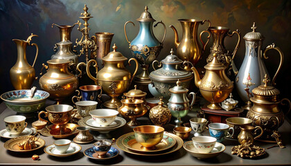Antique Gold and Silver Tea Set Collection Vintage Luxury Home Decor