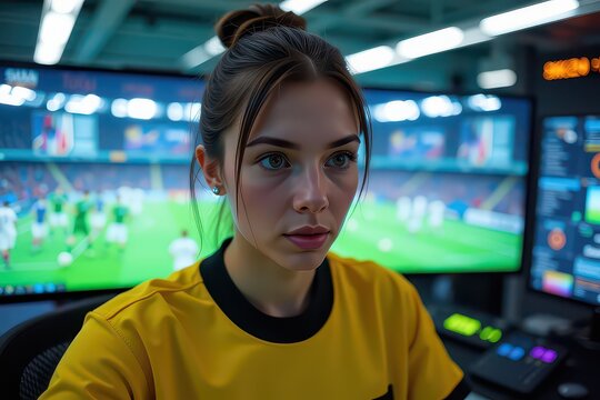 A focused woman monitoring a soccer match on multiple screens.