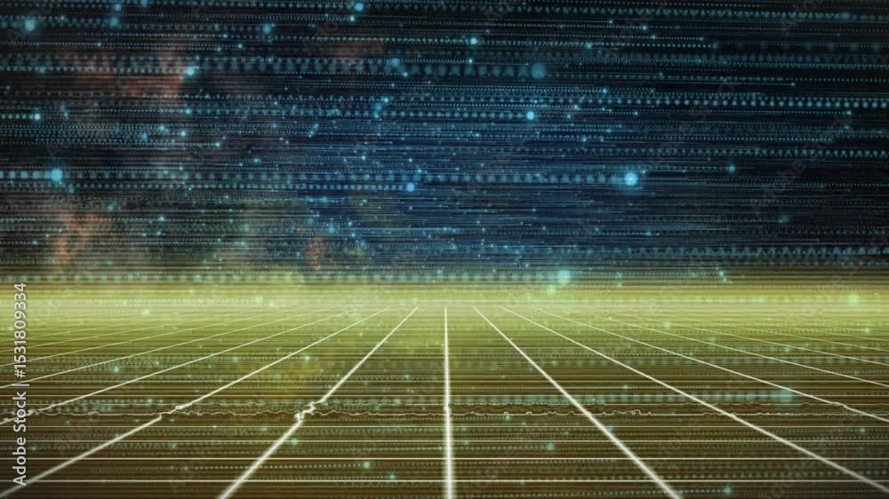 Poster opening grid plane centering on pulsing horizon glow as particles drifting and data lines scrolling