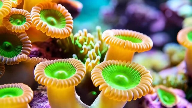Vibrant coral polyps with green centers and orange rings create an intricate and colorful underwater scene. The corals present a unique and intricate design.