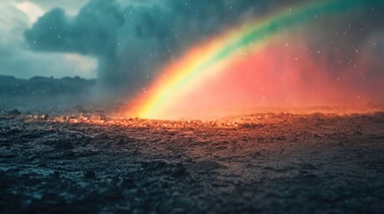 Fototapeta premium A rainbow emerging from a stormy sky over a barren landscape, symbolizing resilience and hope, 