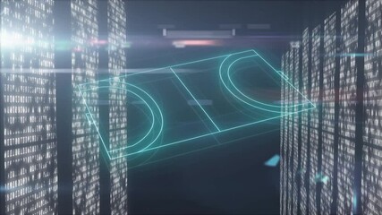 After pause, turquoise lines forming holographic court blueprint for data display, rotating - Powered by Adobe